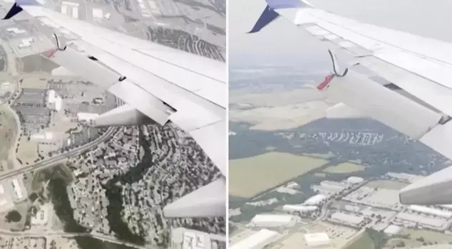 The flap on the wing of the passenger plane partially detached in the air.