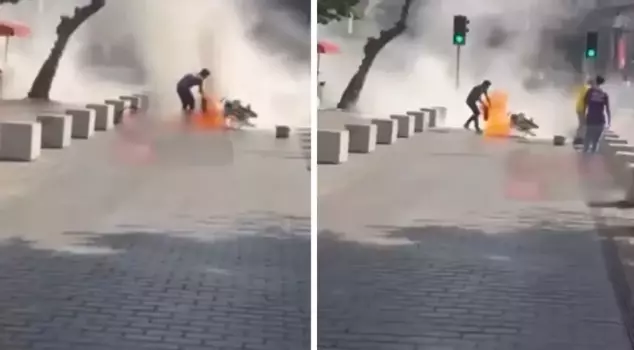 After receiving two consecutive penalties, he set his motorcycle on fire.