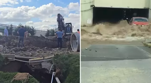 During İSKİ's operations, a pipe burst, flooding the shopping mall's parking lot! They barely managed to save their vehicles.