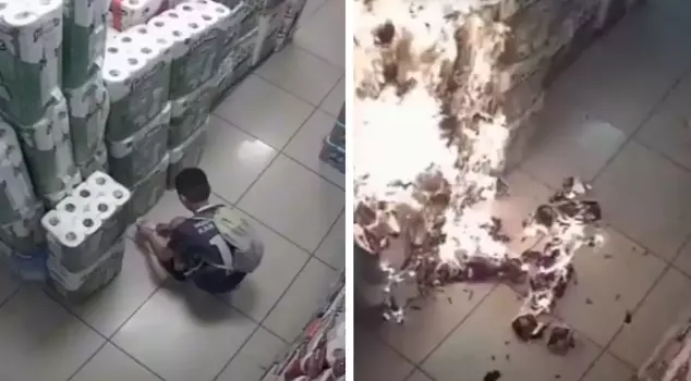 He went to the market and set the toilet paper aisle on fire! Those moments were captured on camera.
