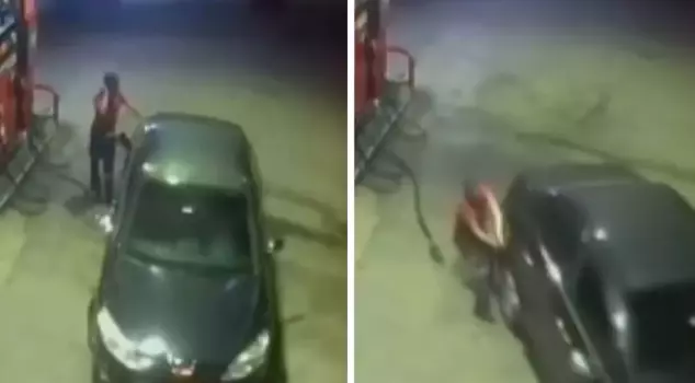 The vehicle that he put gasoline in started moving, and he tried to hold onto it by throwing away what was in his hand.