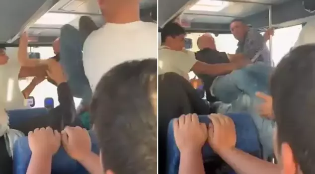The bus driver attacked the passenger with a flying kick.