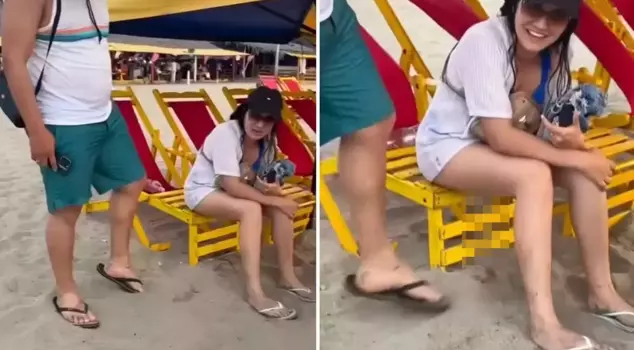 Nauseating scenes at the beach! He/she relieved himself/herself while sitting on the sunbed.