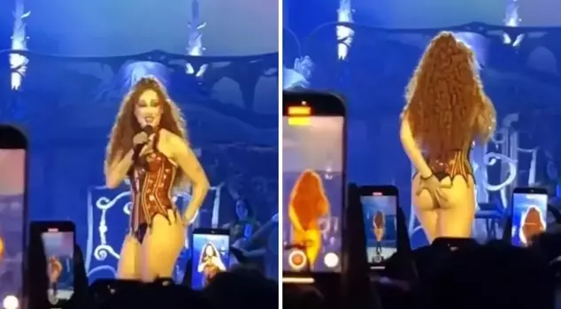 The singer, who forgot she was wearing a thong, was taken aback when she saw herself on the big screen.