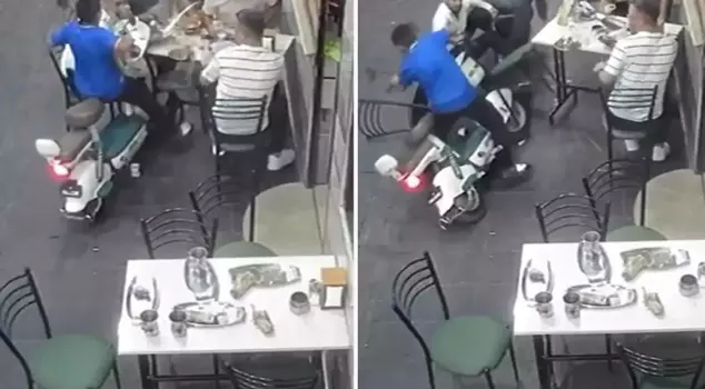 He rode his electric bike into the midst of the diners.