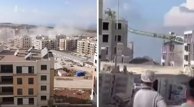 He raised a cloud of dust! The tower crane, shaken by the explosion, toppled onto the building!