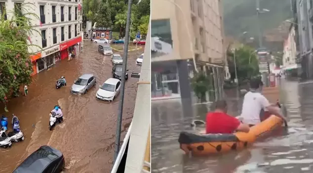 Flood in Muğla! Roads and shops are submerged, citizens are being evacuated with boats.
