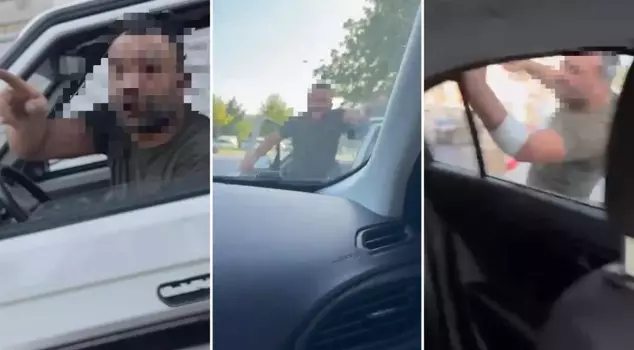 A traffic thug terrorized women! He hurled insults and punched the vehicle.