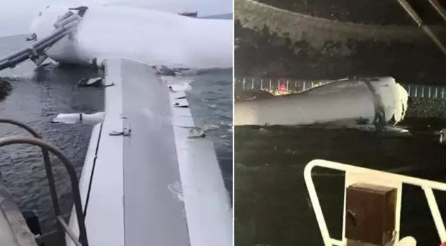 During its landing in Hong Kong, the cargo plane that veered off the runway was swept into the sea.