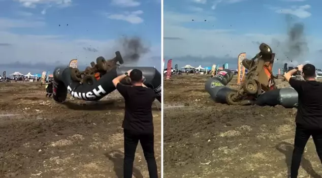 In the off-road race, he crossed the finish line by rolling over.