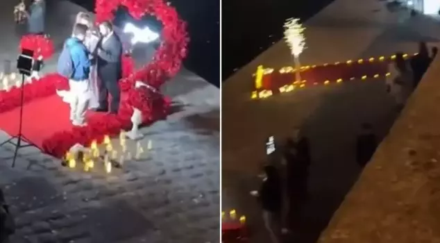 The crowd of those wanting to propose marriage with the Eiffel Tower in the background was captured by the cameras.