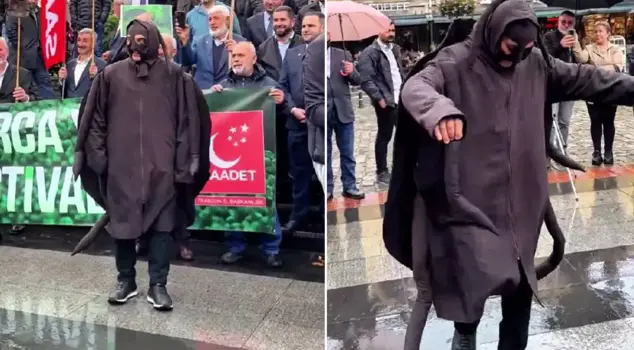A striking action in Trabzon! Dressed in a skunk costume, they danced the horon.