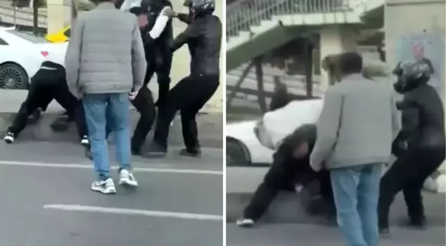 The motorcyclists clashed! Kicks and punches were flying in the air.