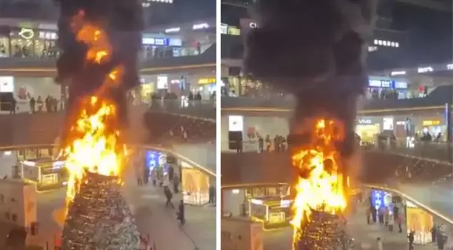 A Christmas tree caught fire in a shopping mall in China.