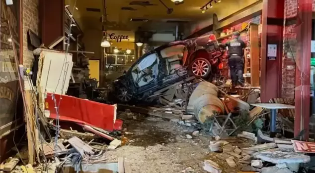The 90-year-old driver crashed into the coffee shop at full speed.