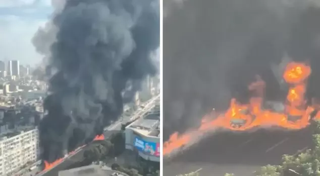 A truck carrying flammable materials caught fire, and the flames reached several meters high.