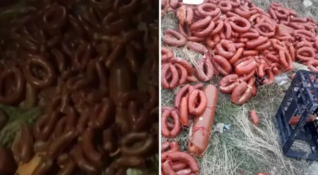 Hundreds of kilos of meat products were dumped in an empty field.