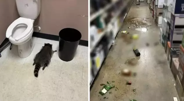 He came down from the ceiling and ransacked the store! The drunken raccoon drank all the alcohol it could and passed out.