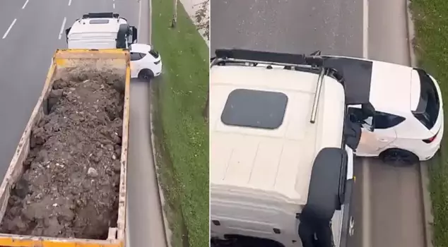 The excavation truck dragged the car in front of it for 100 meters.