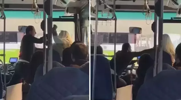 سائق الحافلة والراكبة دخلوا في شجار بالأرجل واللكمات.