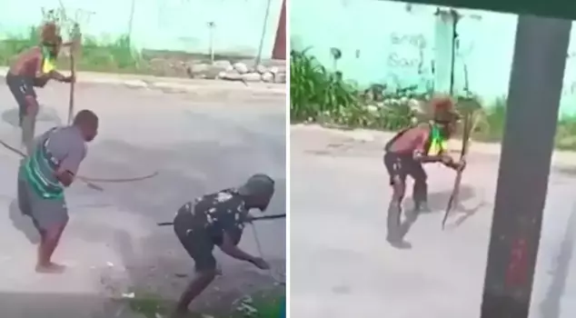 A tribal battle in the middle of the street! They clashed with bows and arrows.