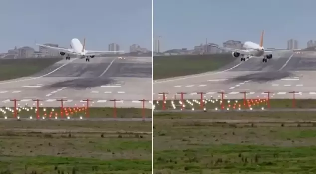 The image is from Sabiha Gökçen! The plane is suspended over the runway.