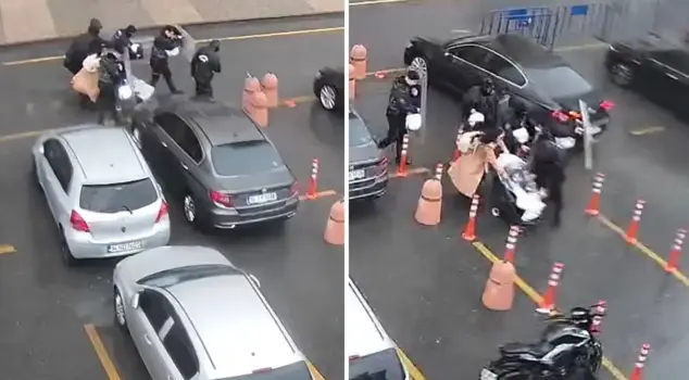 The police protected the mother and her baby from the storm with a shield.