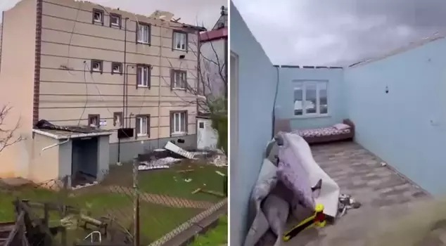 The images are terrifying! The roofless house has turned into a battlefield.