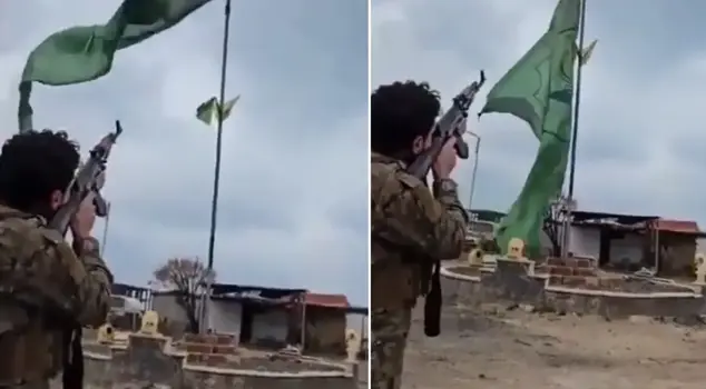 A historic moment in the neighborhood! He shot down the so-called flag of the terrorist organization.