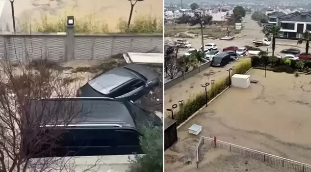 Кушадасы сдался наводнению! Улицы превратились в озера, автомобили были унесены.