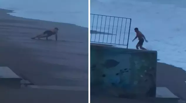 He ran away when he saw 2-meter waves while doing push-ups on the beach.