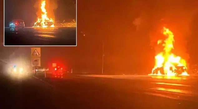 The luxury car turned into a ball of flames.