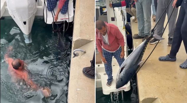 The cold was no obstacle; he jumped into the icy water and caught a 1.5-meter-long tuna.