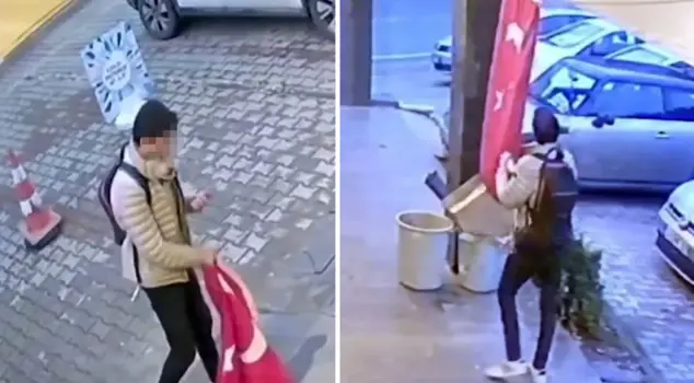 An insidious attack on our flag: He tore it, and as if that wasn't enough, he recorded those moments by stepping on it.