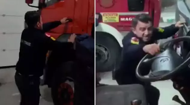 The firefighter, running while shouting 