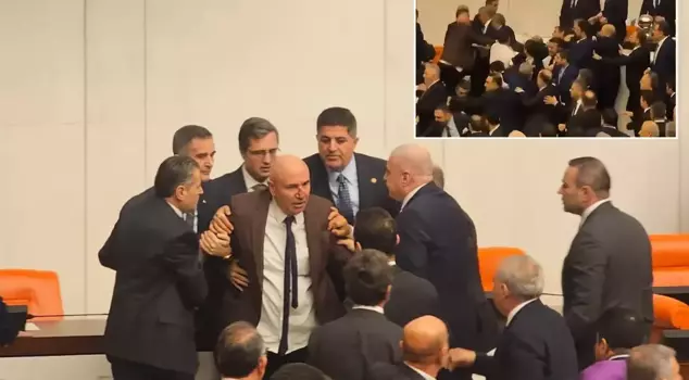 Tension in the Parliament with Akın Gürlek! The podium was occupied, and a fistfight broke out.
