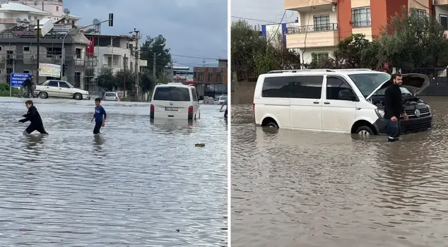 Heavy rain in Osmaniye; roads turned into lakes, vehicles stranded.