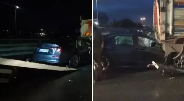 The car, which had a wheel come off while in motion, crashed into the truck.