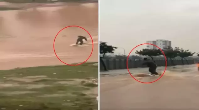 He surfed on the street filled with water.