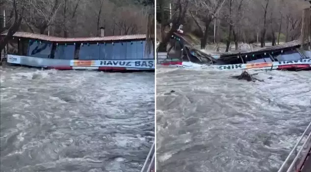 The city is experiencing a disaster! Even the restaurant has been swept away by the current.
