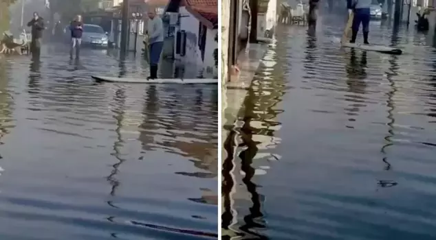 He progressed with a canoe on the road that turned into a lake.