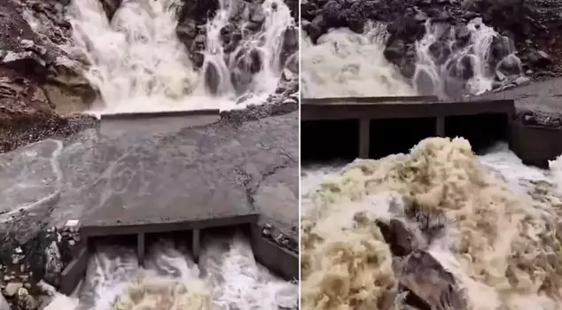 The mountain exploded and a waterfall emerged.