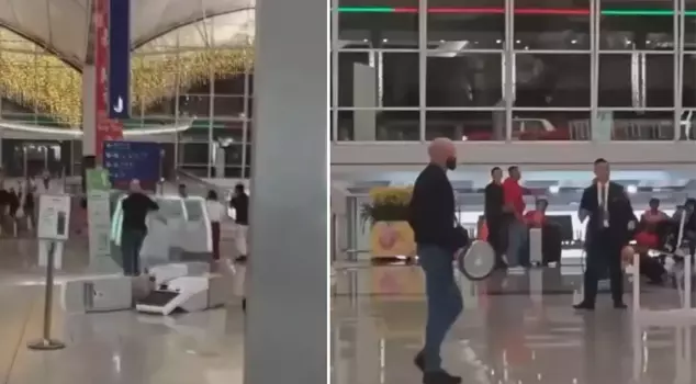 The angry tourist turned the airport into a battlefield.