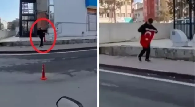 The 14-year-old child picked up the Turkish flag he saw on the ground and kissed it.