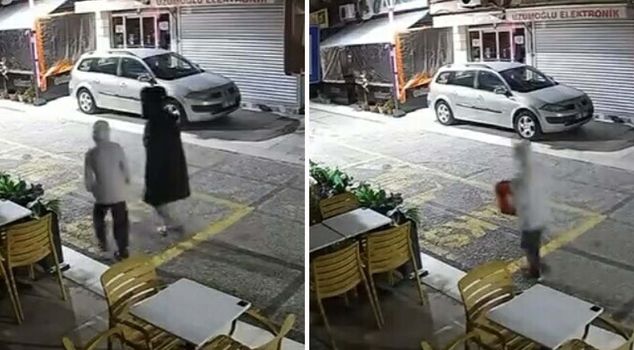 أمر الطفل الذي بجانبه بسرقة السجادة والدلو من أمام المتجر؛ تلك اللحظات مسجلة على الكاميرا.