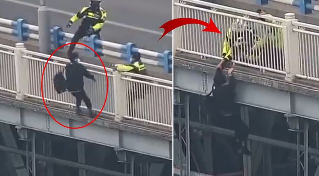 На мосту паника! Полицейские в последний момент остановили его от прыжка.