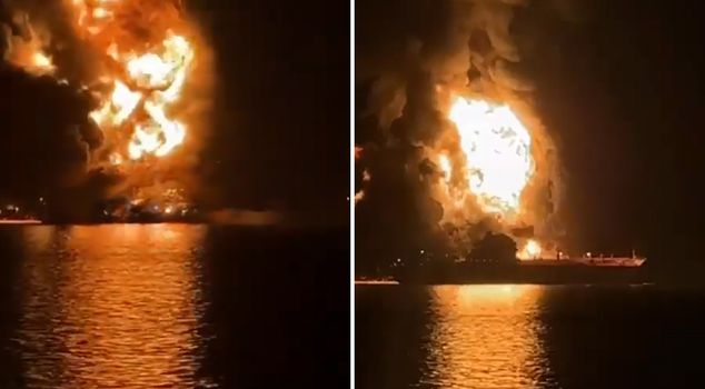 The oil tanker hit off the coast of Basra was burning fiercely.