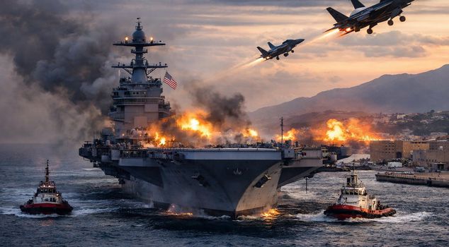 Авианосец США после пожара буксируется в порт на Крите.