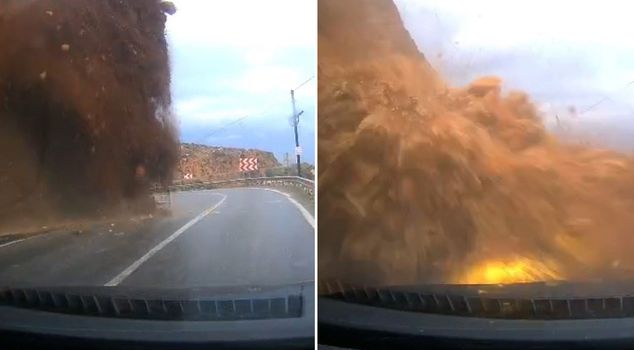 The landslide swallowed the car like this! Everything lasted 3 seconds.