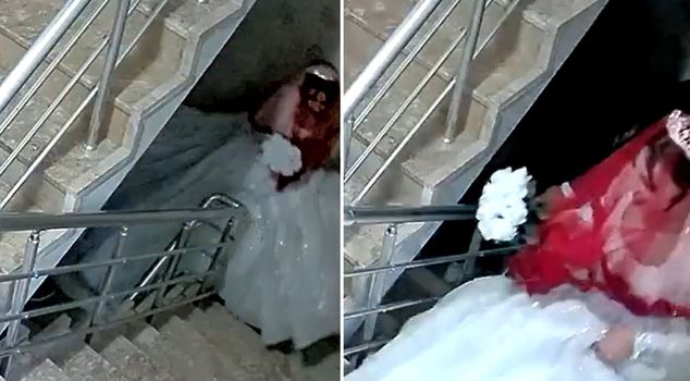 The bride and groom, who want to be alone together after the wedding, take a cold shower.